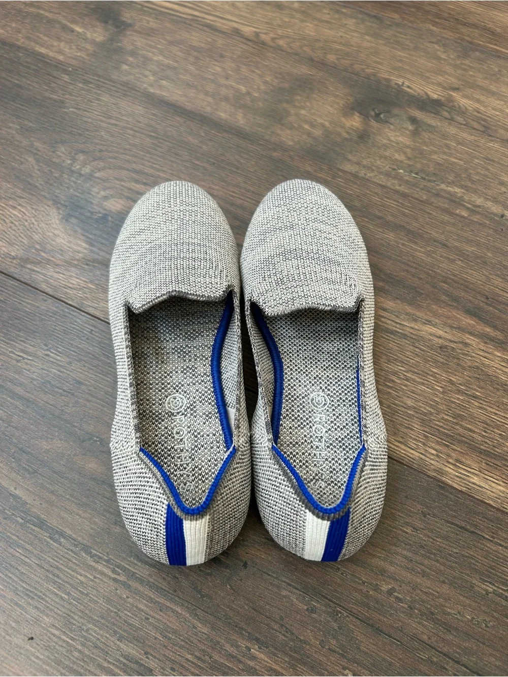 Rothy's Kids Slip-On Flats in Light Gray with Blue Trim